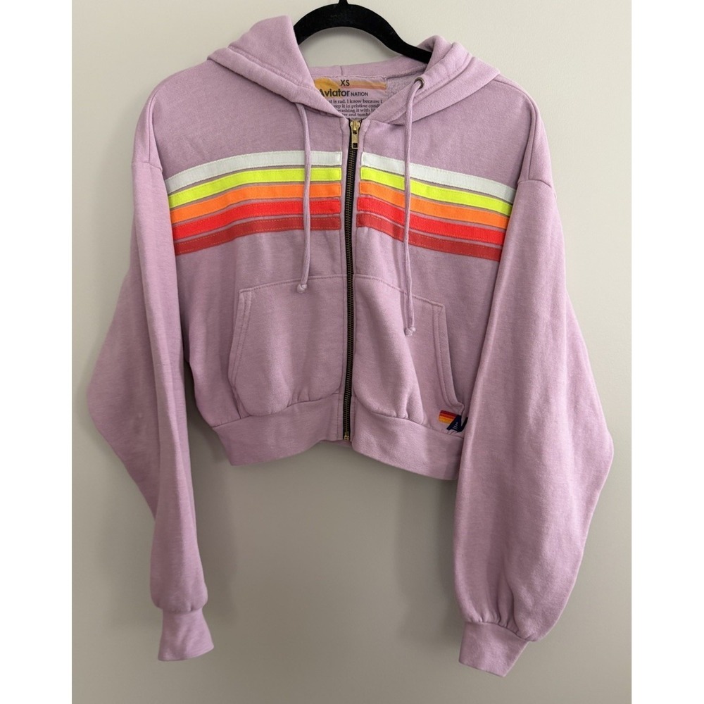 Aviator Nation 5 Stripe Cropped Zip Hoodie Relaxed Mauve/White Neon Size XS
